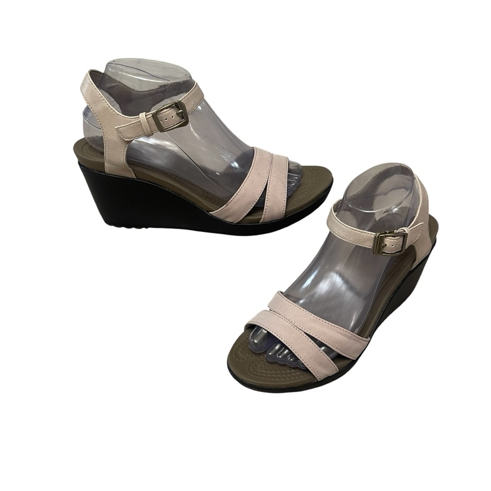 CROCS Leigh II Canvas Leather Ankle Strap Wedge Comfort Sandals Women's size 9